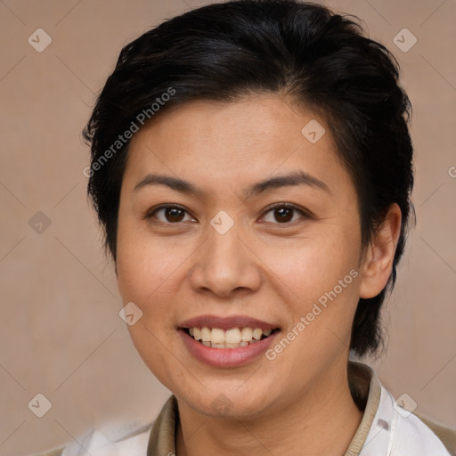 Joyful white young-adult female with medium  brown hair and brown eyes