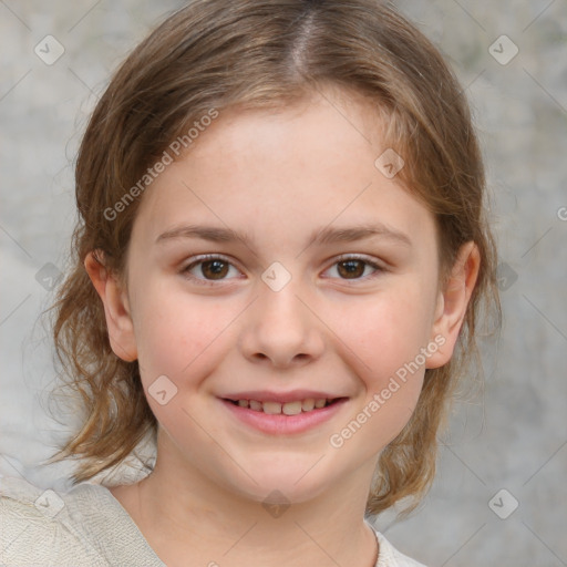 Joyful white child female with medium  brown hair and brown eyes