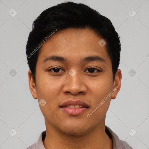 Joyful latino young-adult female with short  black hair and brown eyes