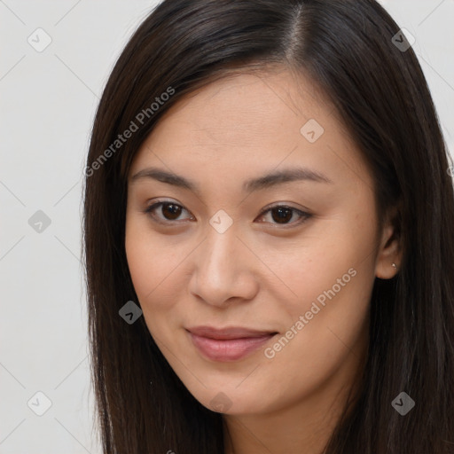 Joyful white young-adult female with long  brown hair and brown eyes