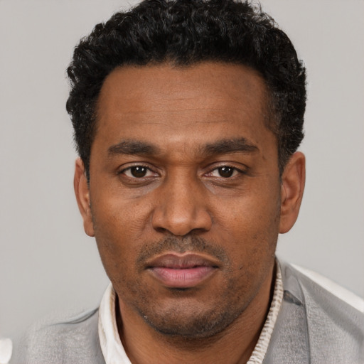 Neutral latino adult male with short  black hair and brown eyes