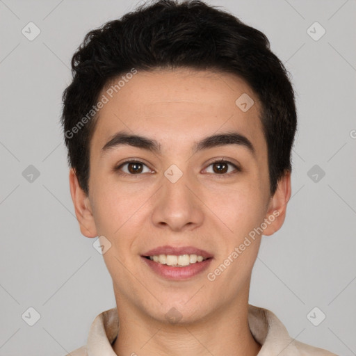 Joyful white young-adult male with short  black hair and brown eyes