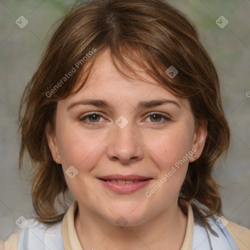 Joyful white young-adult female with medium  brown hair and blue eyes