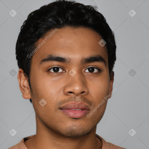 Neutral latino young-adult male with short  black hair and brown eyes