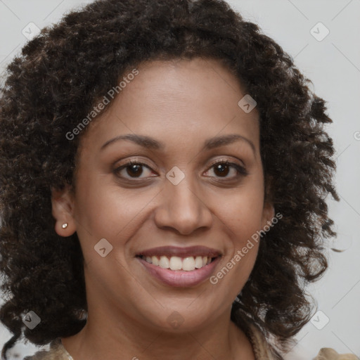 Joyful black young-adult female with medium  brown hair and brown eyes