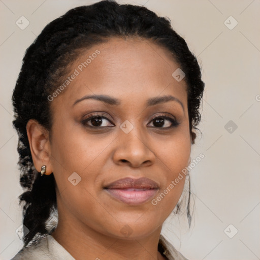 Joyful black young-adult female with medium  black hair and brown eyes