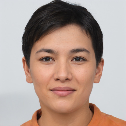 Joyful asian young-adult female with short  brown hair and brown eyes