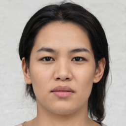 Neutral asian young-adult female with medium  black hair and brown eyes