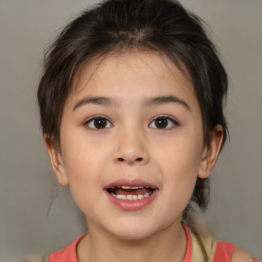 Joyful white child female with medium  brown hair and brown eyes