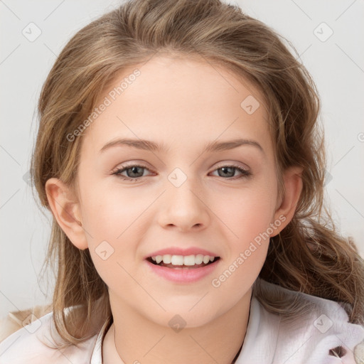 Joyful white child female with medium  brown hair and brown eyes