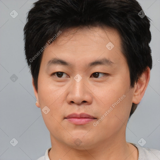 Joyful asian young-adult male with short  brown hair and brown eyes