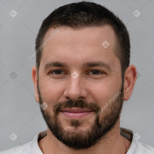 Joyful white young-adult male with short  brown hair and brown eyes