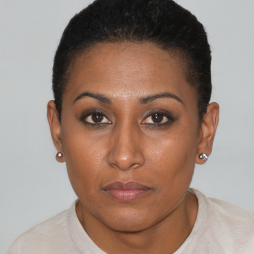 Neutral black young-adult female with short  brown hair and brown eyes