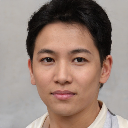 Neutral asian young-adult male with short  brown hair and brown eyes