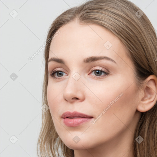 Neutral white young-adult female with long  brown hair and grey eyes