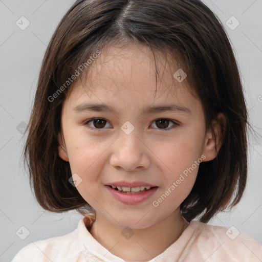 Joyful white child female with medium  brown hair and brown eyes