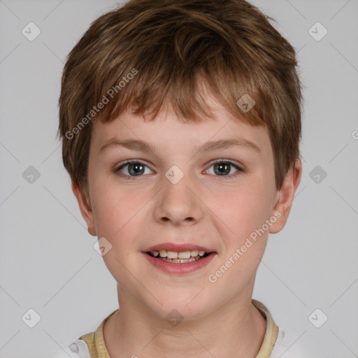 Joyful white child male with short  brown hair and brown eyes