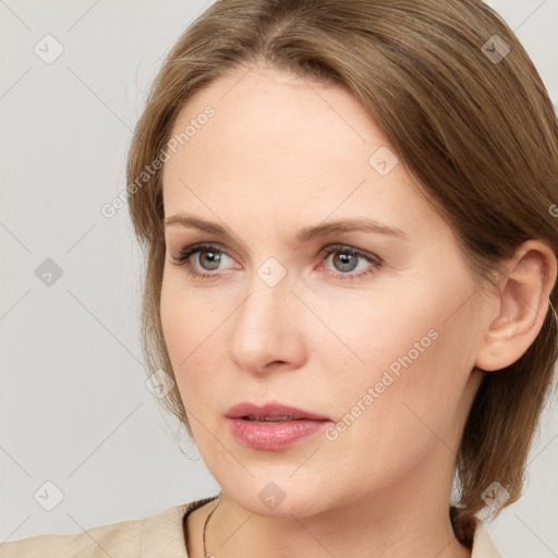 Neutral white young-adult female with medium  brown hair and grey eyes