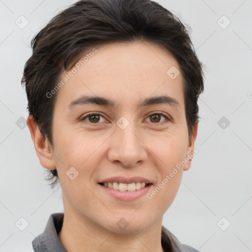 Joyful white young-adult female with short  brown hair and brown eyes