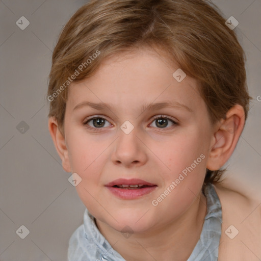 Joyful white child female with medium  brown hair and brown eyes