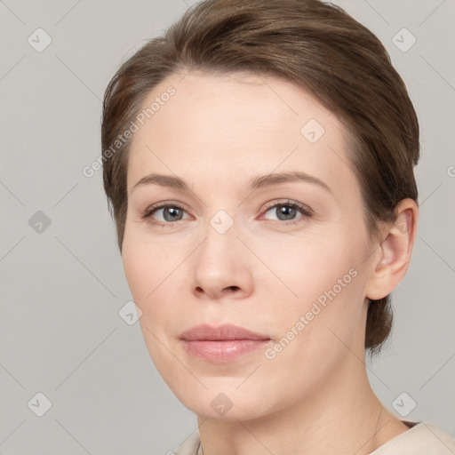 Neutral white young-adult female with short  brown hair and grey eyes