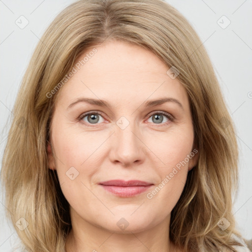 Joyful white young-adult female with medium  brown hair and green eyes