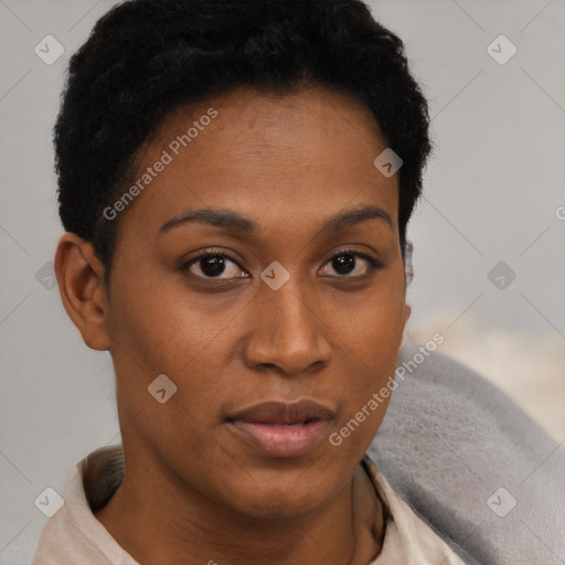 Neutral black young-adult female with short  brown hair and brown eyes