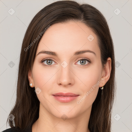 Neutral white young-adult female with long  brown hair and grey eyes