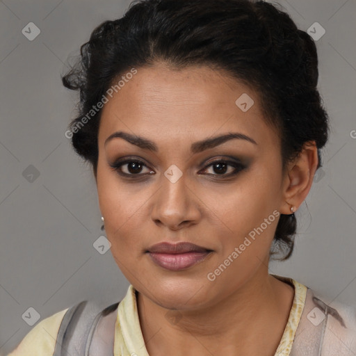 Joyful latino young-adult female with short  brown hair and brown eyes