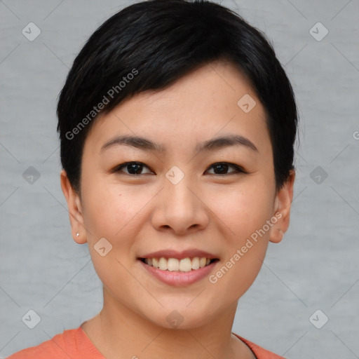 Joyful asian young-adult female with short  black hair and brown eyes