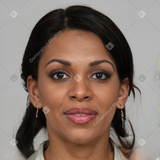 Joyful black young-adult female with medium  black hair and brown eyes