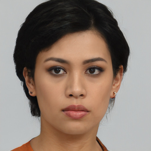 Neutral asian young-adult female with medium  black hair and brown eyes