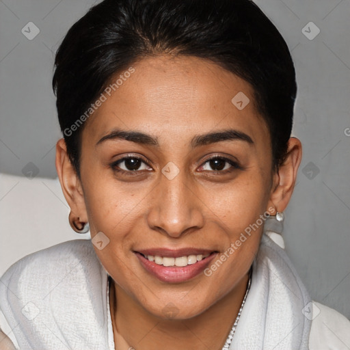 Joyful white young-adult female with short  brown hair and brown eyes