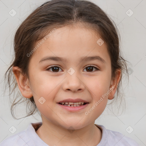 Joyful white child female with medium  brown hair and brown eyes