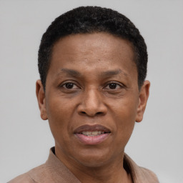 Joyful black adult male with short  black hair and brown eyes