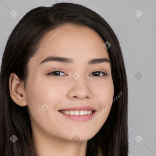 Joyful white young-adult female with long  brown hair and brown eyes