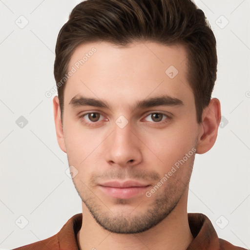 Neutral white young-adult male with short  brown hair and brown eyes