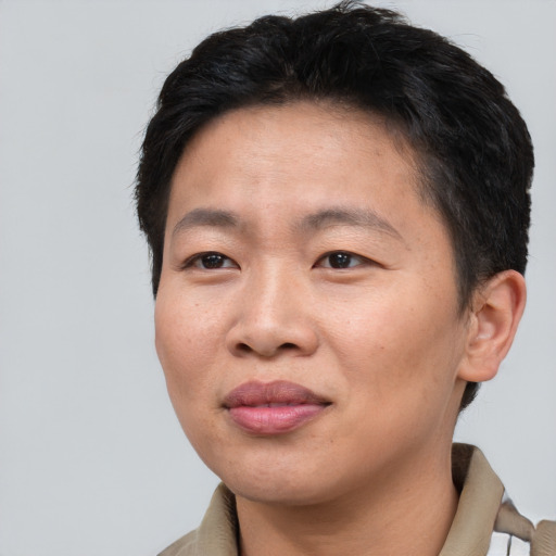 Joyful asian young-adult male with short  black hair and brown eyes