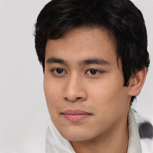 Neutral asian young-adult male with short  black hair and brown eyes