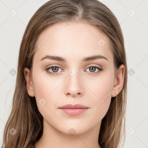 Neutral white young-adult female with long  brown hair and grey eyes