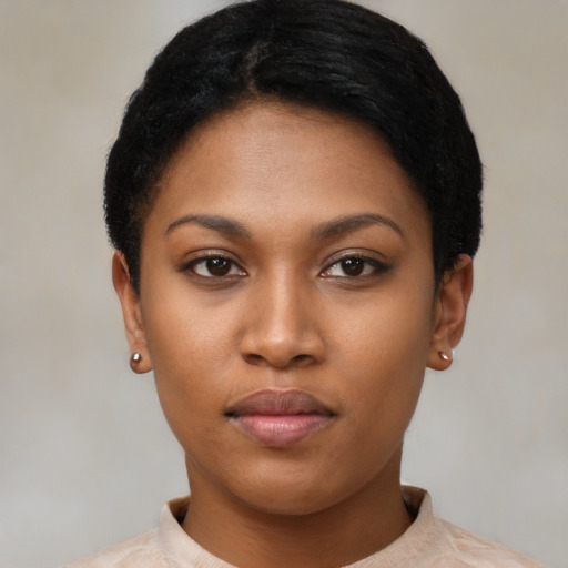 Neutral black young-adult female with short  black hair and brown eyes