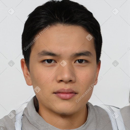 Neutral asian young-adult male with short  brown hair and brown eyes