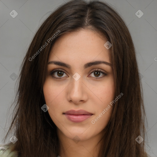 Neutral white young-adult female with long  brown hair and brown eyes