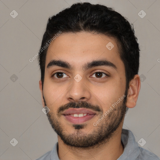 Joyful latino young-adult male with short  black hair and brown eyes