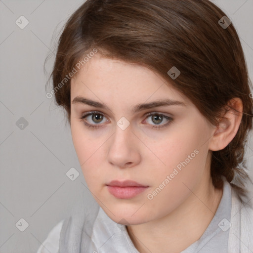 Neutral white young-adult female with medium  brown hair and brown eyes