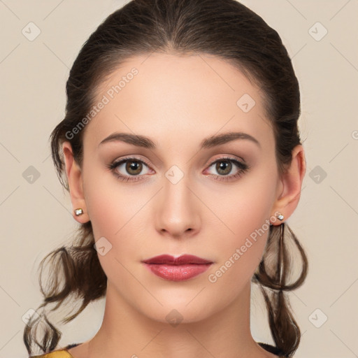 Neutral white young-adult female with medium  brown hair and brown eyes