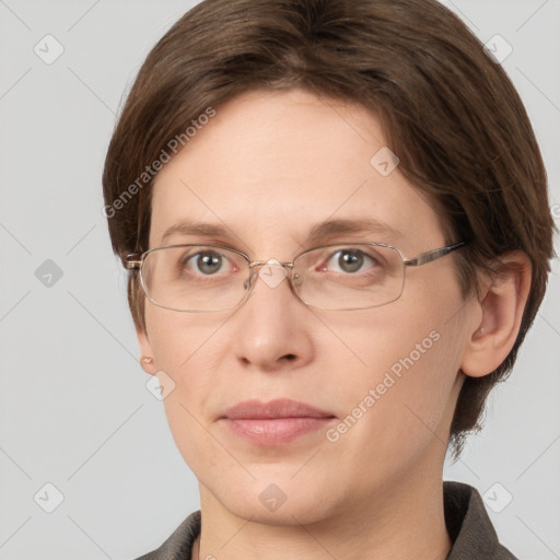 Joyful white adult female with short  brown hair and grey eyes