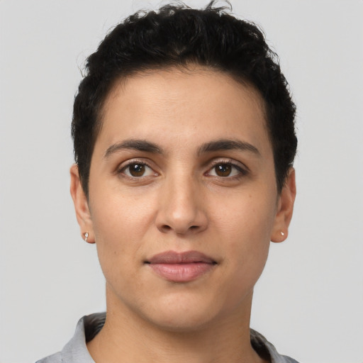 Neutral latino young-adult female with short  brown hair and brown eyes