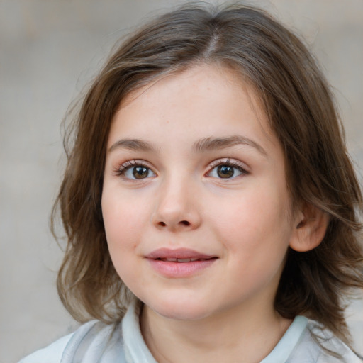 Neutral white child female with medium  brown hair and blue eyes