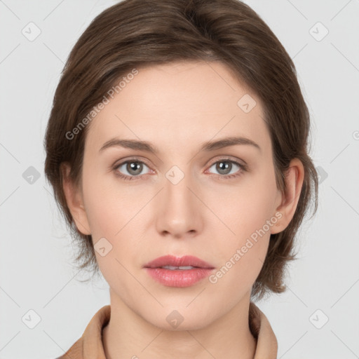 Neutral white young-adult female with medium  brown hair and grey eyes